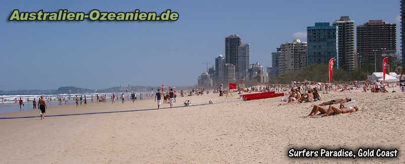 Blick entlang des Strandes und der Skyline